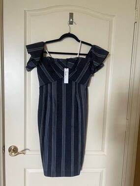 Striped One-Shoulder Navy Dress with Ruffle Sleeve